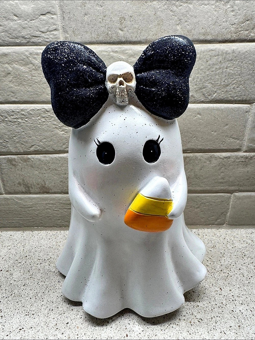 Ghost Halloween Figurine with Glitter Bow and Candy Corn NWOT